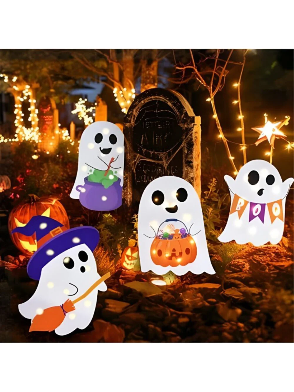 Lighted Cute Ghost Yard Signs, 4 Packs Halloween Decorations Outdoor Scary